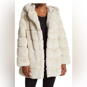 BCBGMaxAzria Grooved Faux Fur Hooded Jacket - Ivory- Women’s Large